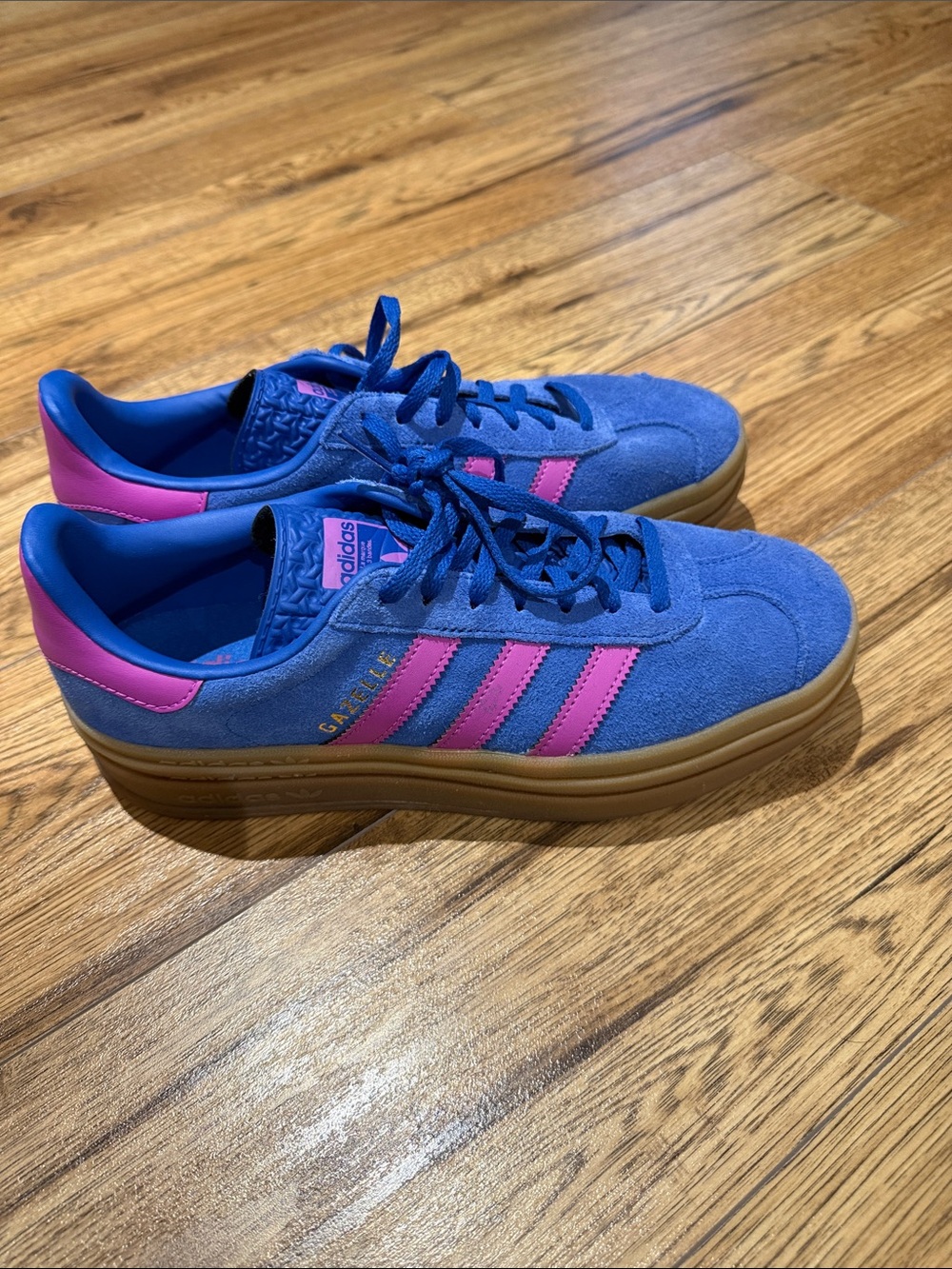 adidas Women’s Blue Suede Sneakers with Pink Stripes